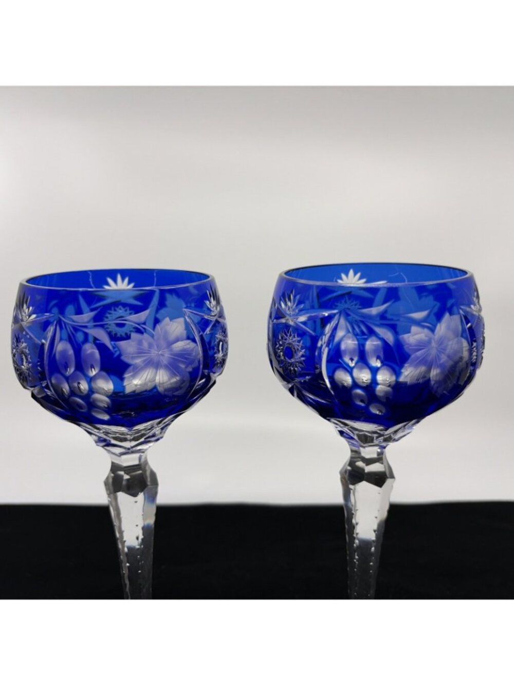 Vintage Ajka Marsala Cobalt Blue Tall Hock Wine Glasses Cut to Clear Pair 8" - Picture 6 of 8